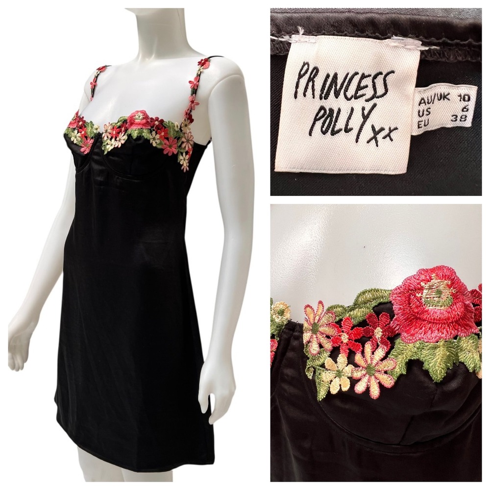 Princess Polly Kenzie Mini‎ Slip Dress Black Floral Embroidery Goth Girl Size 6